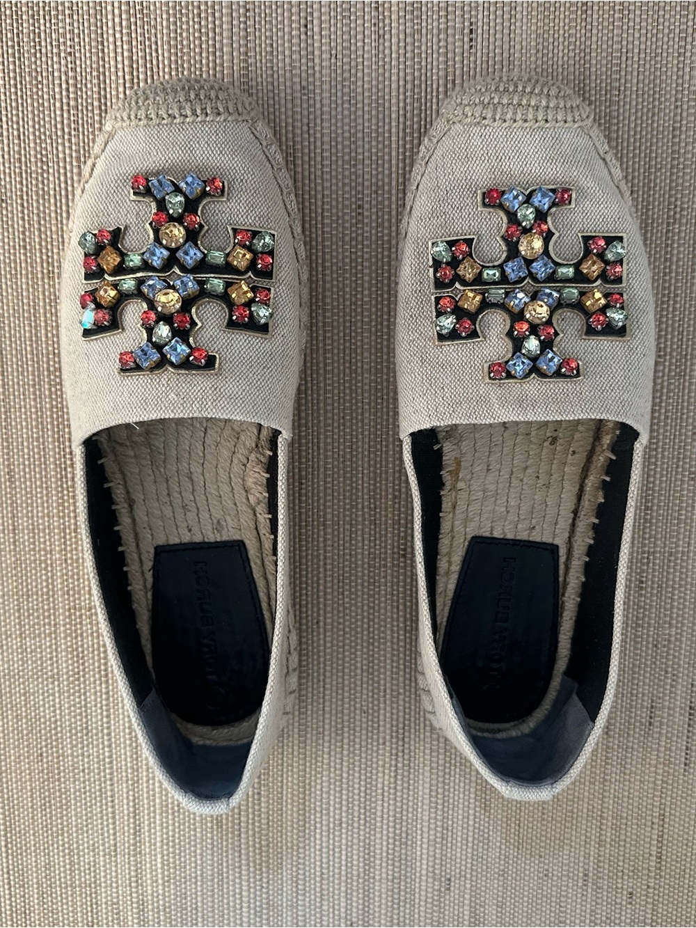 Tory Burch Ines Canvas Espadrille Flats with Multicolor Jeweled Logo